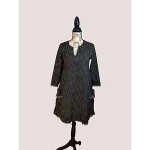 Nanette Lepore Black Tweed Long Sleeve Fringe Hem Dress Size 2 Lagenlook
